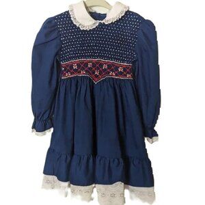 Vintage Polly Flinders Dress Hand‎ Smocked Eyelet Wreath Flowers Holiday Accents